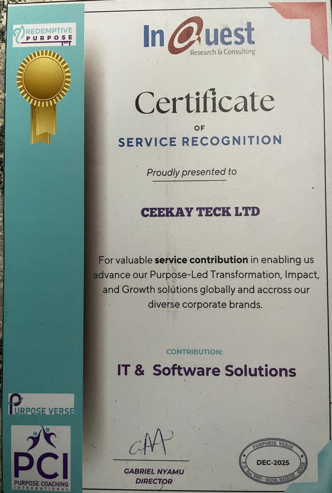 Certificate of Recognition from InQuest to CK Teck Solutions
